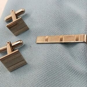 Cufflinks Tie Clip Set Mid-Century Modern Gold Tone Etched Rectangles  Graphics.